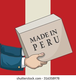 Cartoon, hand drawn human hands, holding a box, with made in Peru sign, and a flag background, vector illustration