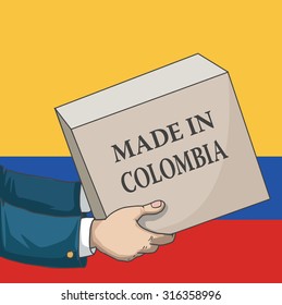 Cartoon, hand drawn human hands, holding a box, with made in Colombia sign, and a flag background, vector illustration