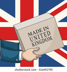 Cartoon, hand drawn human hands, holding a box, with made in United Kingdom sign, and a flag background, vector illustration