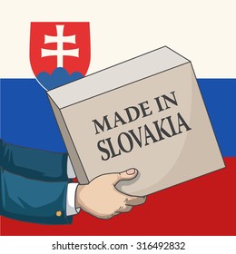 Cartoon, hand drawn human hands, holding a box, with made in Slovakia sign, and a flag background, vector illustration