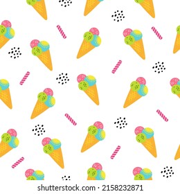 Cartoon hand drawn ice cream seamless pattern