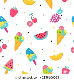 Cartoon hand drawn ice cream seamless pattern