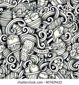 Cartoon hand drawn ice cream doodles seamless pattern. Line art detailed, with lots of objects vector trace background