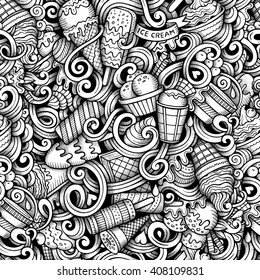 Cartoon hand drawn ice cream doodles seamless pattern. Line art detailed, with lots of objects vector trace background