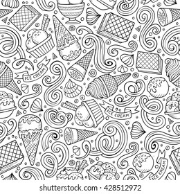 Cartoon hand drawn ice cream seamless pattern. Lots of symbols, objects and elements. Perfect funny vector background.