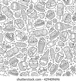 Cartoon hand drawn ice cream seamless pattern. Lots of symbols, objects and elements. Perfect funny vector background.