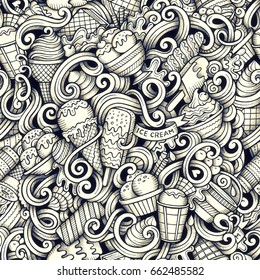 Cartoon hand drawn ice cream doodles seamless pattern. Line art detailed, with lots of objects vector trace background