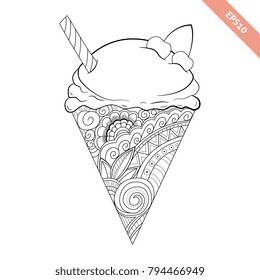 Cartoon hand drawn ice cream in waffle with floral doodle ornament. Coloring page book. Ornate black line sweet ice cream