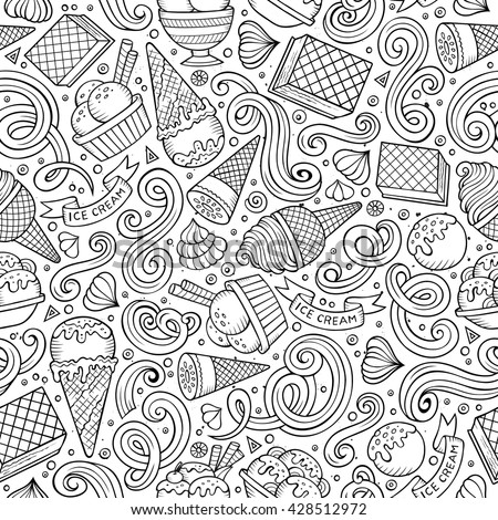 Cartoon hand drawn ice cream seamless pattern. Lots of symbols, objects and elements. Perfect funny vector background.