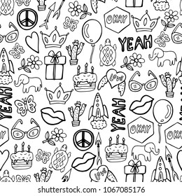 Cartoon hand drawn icons sketch vector seamless pattern. Cake, peace sign, rocket, gift box, cactus, love heart and more.