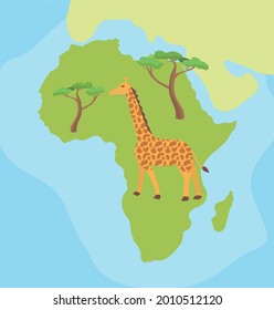 Mapa ilustrado con dibujos a mano de África con jirafa y árbol de acacia isla Madagascar. en el fondo de color. Ilustración del vector