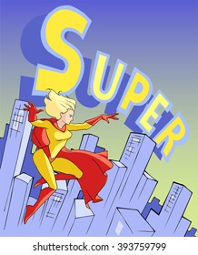 Cartoon hand drawn illustration of a flying strong super lady on the city background