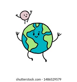 Cartoon hand drawn illustration of happy earth and smiling moon. Planet characters for posters, postcards, prints, apparel, clothes, t-shirt.
