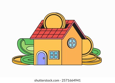 Cartoon hand drawn illustration house with coins and cash scattered on the ground and inserted coin on the roof for investment and wealth management concepts