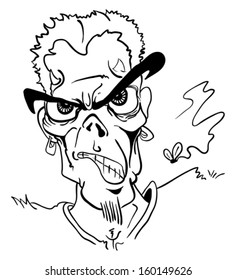 cartoon hand drawn illustration of a mad face devil with fly