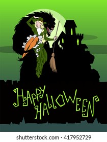 Cartoon hand drawn illustration of a witch and werewolf on a Halloween night