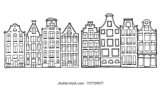 Cartoon hand drawn ink houses. Doodle scandinavian Netherlands house. Adult coloring page. Outline vector drawing for card, poster.
