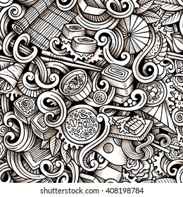 Cartoon hand drawn japanese food doodles seamless pattern. Trace line art detailed, with lots of objects vector background