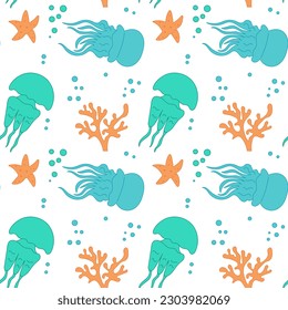Cartoon Hand drawn Jellyfish and corals Background. Seamless Pattern of the Underwater world. Summer cute nautical illustration for covers, fabric print, wallpapers, brochures