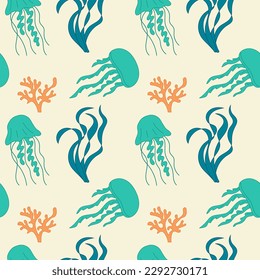 Cartoon Hand drawn Jellyfish and seaweed Background. Seamless Pattern of the Underwater world. Summer cute nautical illustration for covers, fabric print, wallpapers, brochures