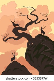 Cartoon hand drawn landscape with waterfall and figures of some hoofed mammals