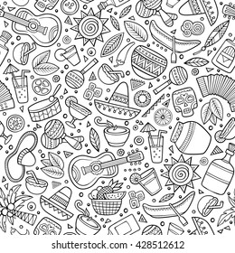 Cartoon hand drawn latin american seamless pattern. Lots of symbols, objects and elements. Perfect funny vector background.