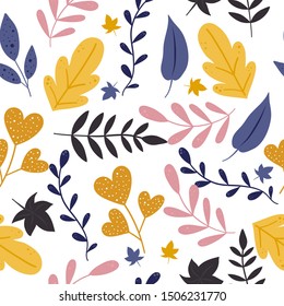 Cartoon hand drawn leaves seamless pattern background.  Design for fabric, wrapping, textile, wallpaper, apparel.