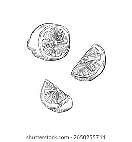 Cartoon hand drawn lemons sliced in half side view vector illustration. Drawing for recipe books, cooking blogs or citrus product labels