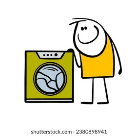 Cartoon hand drawn man looks at the washing machine running quite contentedly. Vector illustration of doodle husband doing homework, washing dirty laundry. Funny stickman isolated on white background.