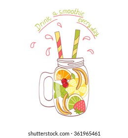 cartoon hand drawn mason jar with fruit banana orange lime strawberry
