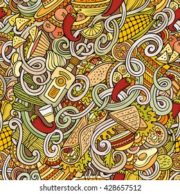Cartoon hand drawn mexican food doodles seamless pattern. Detailed, with lots of objects vector background
