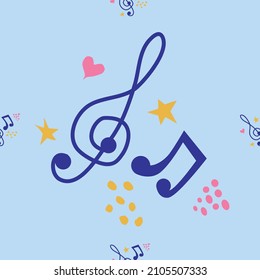 Cartoon hand drawn musical seamless pattern. Lots of symbols, objects and elements. Perfect funny background.