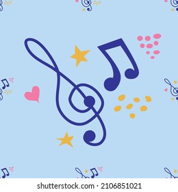 Cartoon hand drawn musical seamless pattern. Lots of symbols, objects and elements. Perfect funny background.