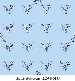 Cartoon hand drawn musical seamless pattern. Lots of symbols, objects and elements. Perfect funny background.