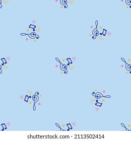 Cartoon hand drawn musical seamless pattern. Abstract music notes seamless pattern background