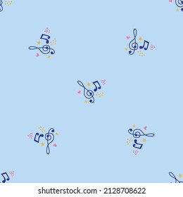 Cartoon hand drawn musical seamless pattern. Abstract music notes seamless pattern background