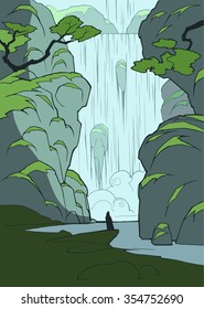 Cartoon hand drawn mystical landscape with waterfall and a lonely figure of a man in cloak meditating