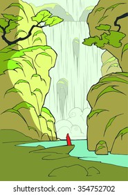 Cartoon hand drawn mystical summer landscape with waterfall and a lonely figure of a man in cloak meditating