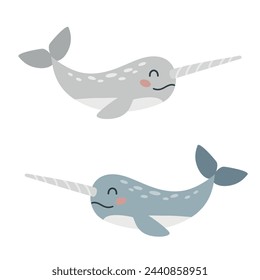 Cartoon hand drawn narwhal on isolated white background. Character of the polar arctic sea animals for the logo, print, design.