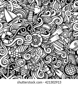 Cartoon hand drawn nautical marine doodles seamless pattern. Trace line art detailed, with lots of objects vector background