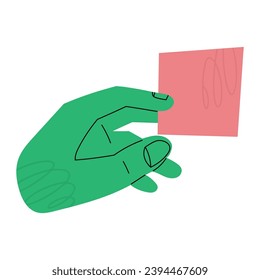 Cartoon hand drawn hand with note or small paper. Colorful flat vector illustration isolate on a white background. Vector illustration EPS 10.