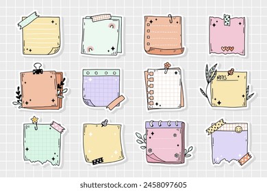 Cartoon Hand gezeichnete Notizpapier Nachricht Klebrige Notizen Vektorillustration. Doodle-Sticker