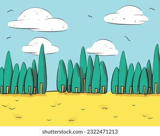 Cartoon hand drawn outside landscape. Summer green field background