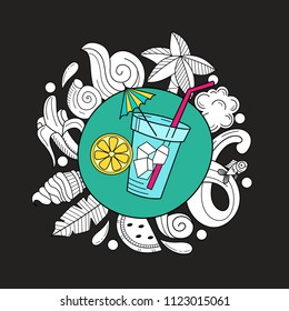 Cartoon hand drawn poster consisting of individual elements. Summer, rest, sea, rest. Vector illustration. Hand drawn vector Doodle. Illustration on a black background.