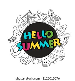 Cartoon hand drawn poster consisting of individual elements. Summer, rest, sea, rest. Vector illustration. Hand drawn vector Doodle. Illustration on white background.