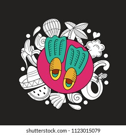 Cartoon hand drawn poster consisting of individual elements. Summer, rest, sea, rest. Vector illustration. Hand drawn vector Doodle. Illustration on a black background.