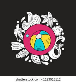 Cartoon hand drawn poster consisting of individual elements. Summer, rest, sea, rest. Vector illustration. Hand drawn vector Doodle. Illustration on a black background.