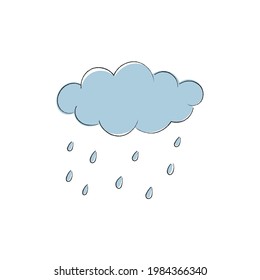 Lluvia dibujada a mano y nube. Aviso de tormenta de pronóstico. Ilustración vectorial aislada sobre fondo blanco