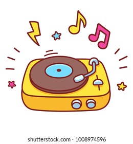 Cartoon hand drawn retro vinyl record player. Disco DJ turntable playing music, bright vector illustration.