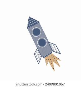 Cartoon hand drawn rocket in space. Vector illustration in doodle style